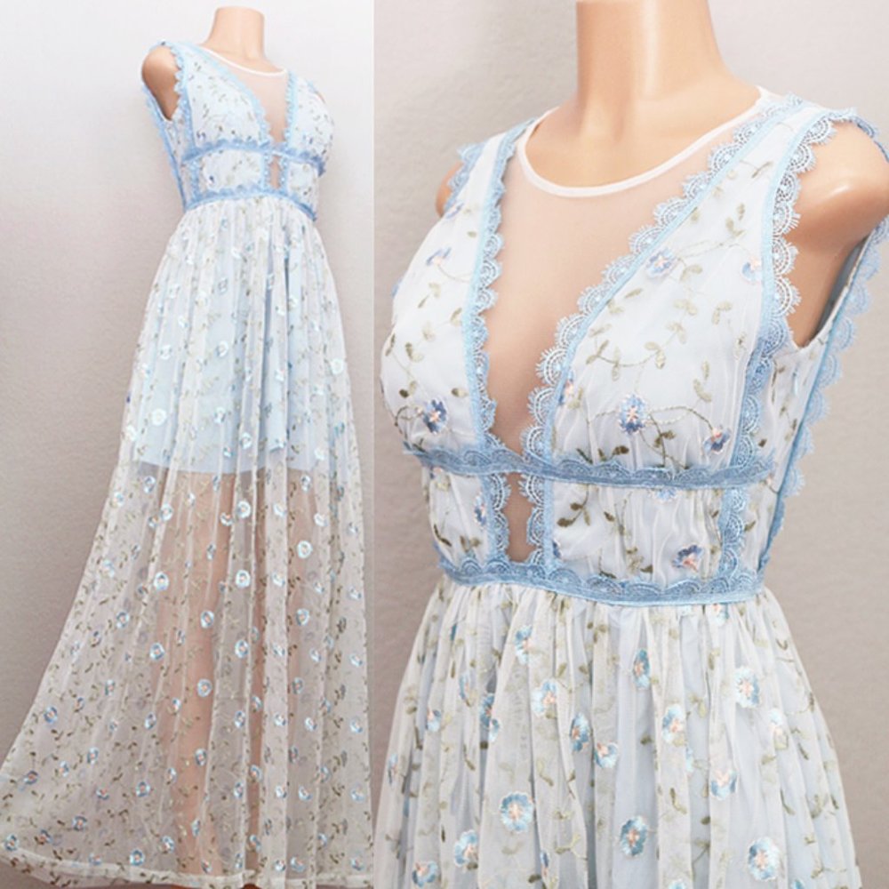 NWT Blue Floral Embroidered Mesh Tulle Maxi Dress